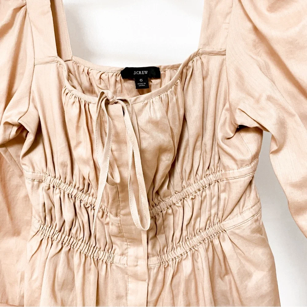 J. Crew Spring Chic Cinched Waist Top in Herringbone Cotton in Almond Biscotti‎